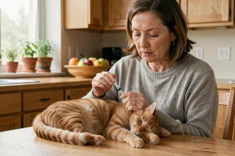 Femme administrant du Metacam liquide à son chat tigré orange sur une table de cuisine en bois