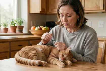 Femme administrant du Metacam liquide à son chat tigré orange sur une table de cuisine en bois