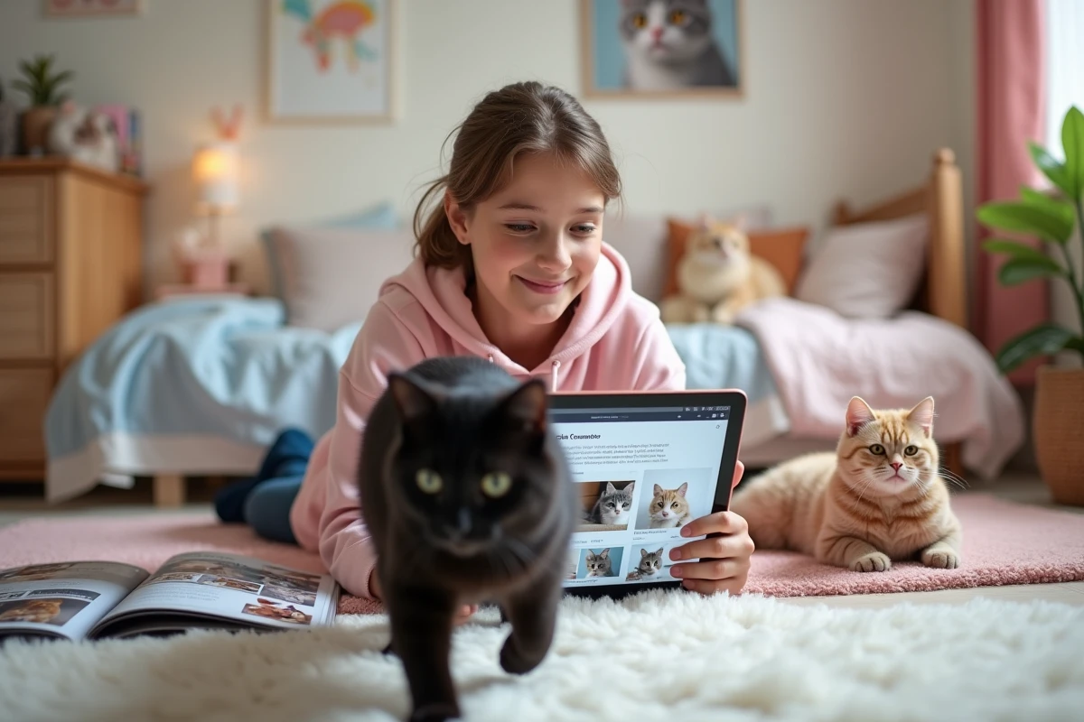 Adolescente passionnée de chats consultant un forum félin sur tablette entourée de magazines et de son chat noir
