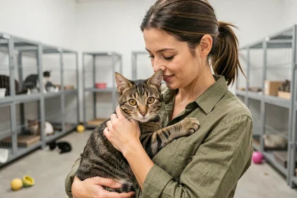 Femme adoptant un chat tigré dans un refuge animalier lyonnais, tenant l'animal contre elle avec tendresse