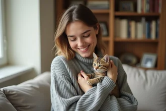 Jeune femme tenant un chaton de 3 mois dans un appartement parisien, illustrant l'adoption d'un chaton en Île-de-France