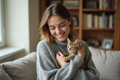 Jeune femme tenant un chaton de 3 mois dans un appartement parisien, illustrant l'adoption d'un chaton en Île-de-France