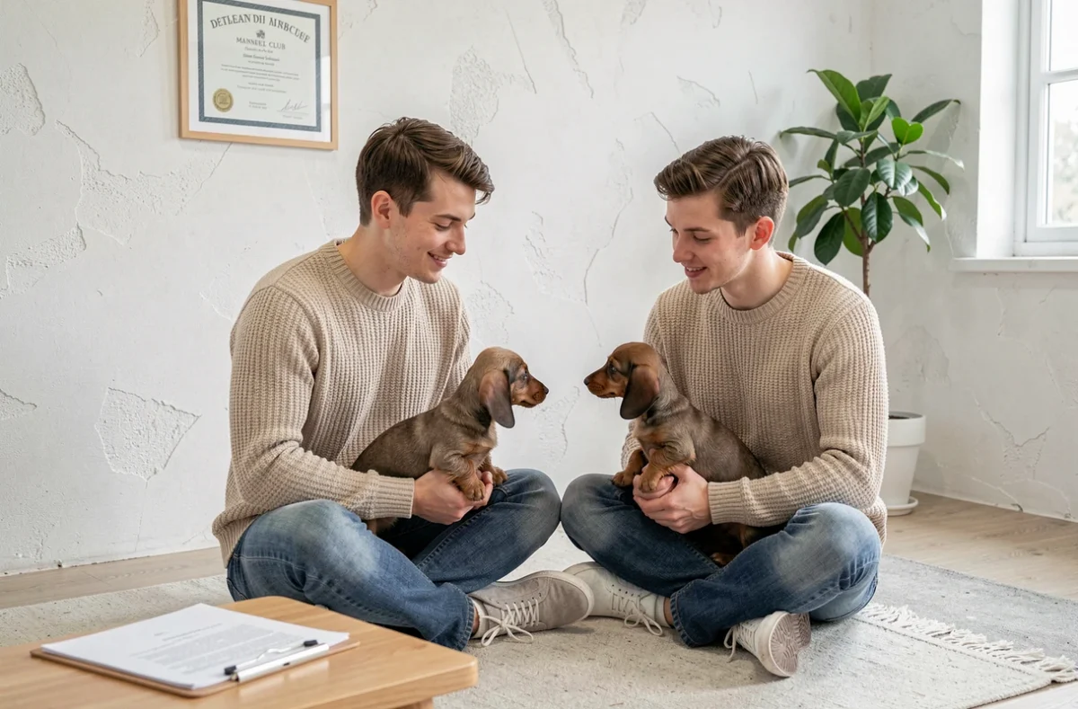 Couple en train d'adopter des chiots teckels nains à poil long chez un éleveur spécialisé avec certificats de race