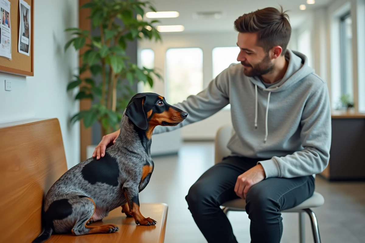 Homme caressant un teckel arlequin lors d'une visite dans une association d'adoption d'animaux de compagnie