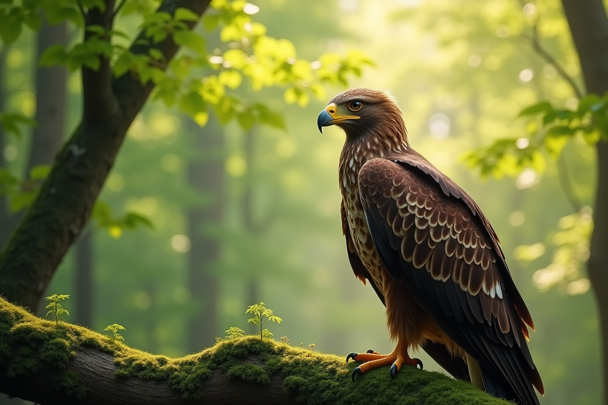 Aigle eurasiatique perché sur une branche dans la forêt lumineuse