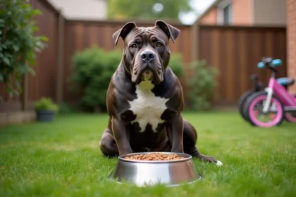 Mâle Am Bully XXL assis dans un jardin vert