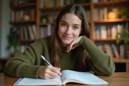 Jeune femme écrivant une liste d'animaux en N dans un carnet sur une table en bois, ambiance cosy et studieuse