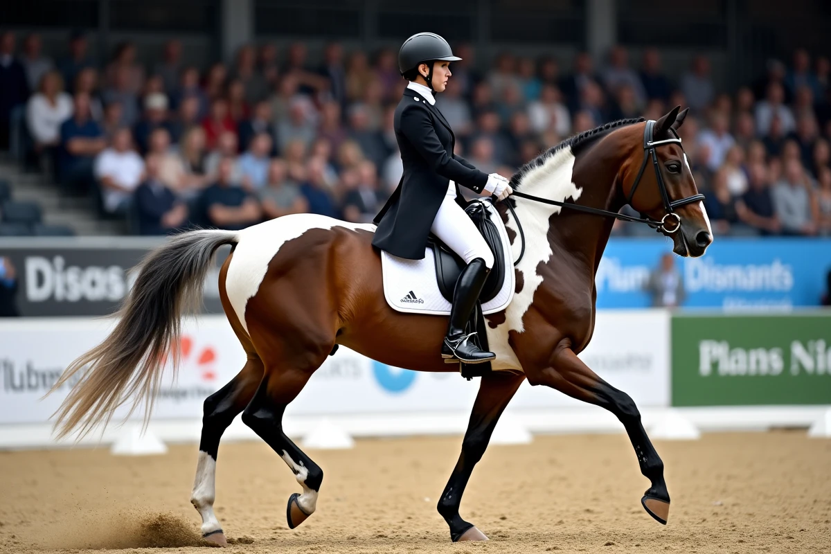 Appaloosa en mouvement lors d'une compétition de dressage avec une cavalière en tenue formelle dans un manège de concours