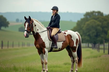 Cavalier décontracté monté sur un cheval Appaloosa tacheté dans un pré verdoyant, idéal pour l'équitation de loisir