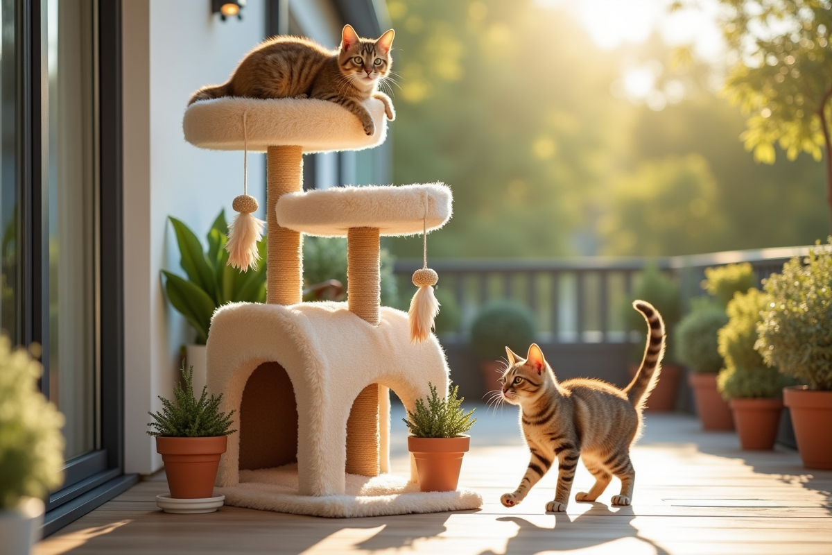  arbre à chat DIY extérieur avec chats curieux