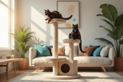 arbre à chat moderne dans un salon lumineux avec chats