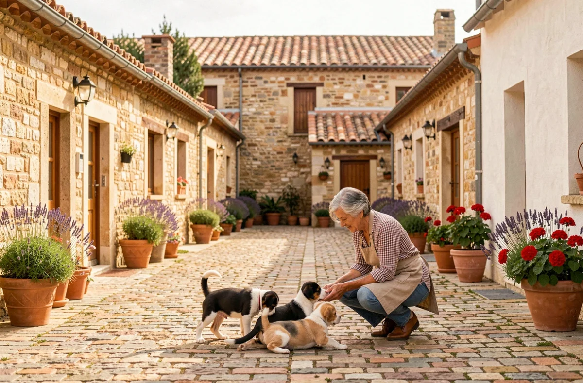 Chiots jouant dans la cour en pierre d'Au Village du Chiot avec une éleveuse bienveillante