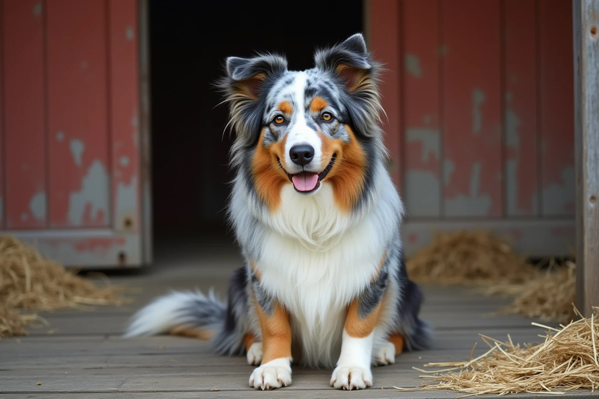 Australian Shepherd Bleu Merle assis sur une terrasse en bois devant une ferme rustique avec pelage tricolore cuivré et queue courte