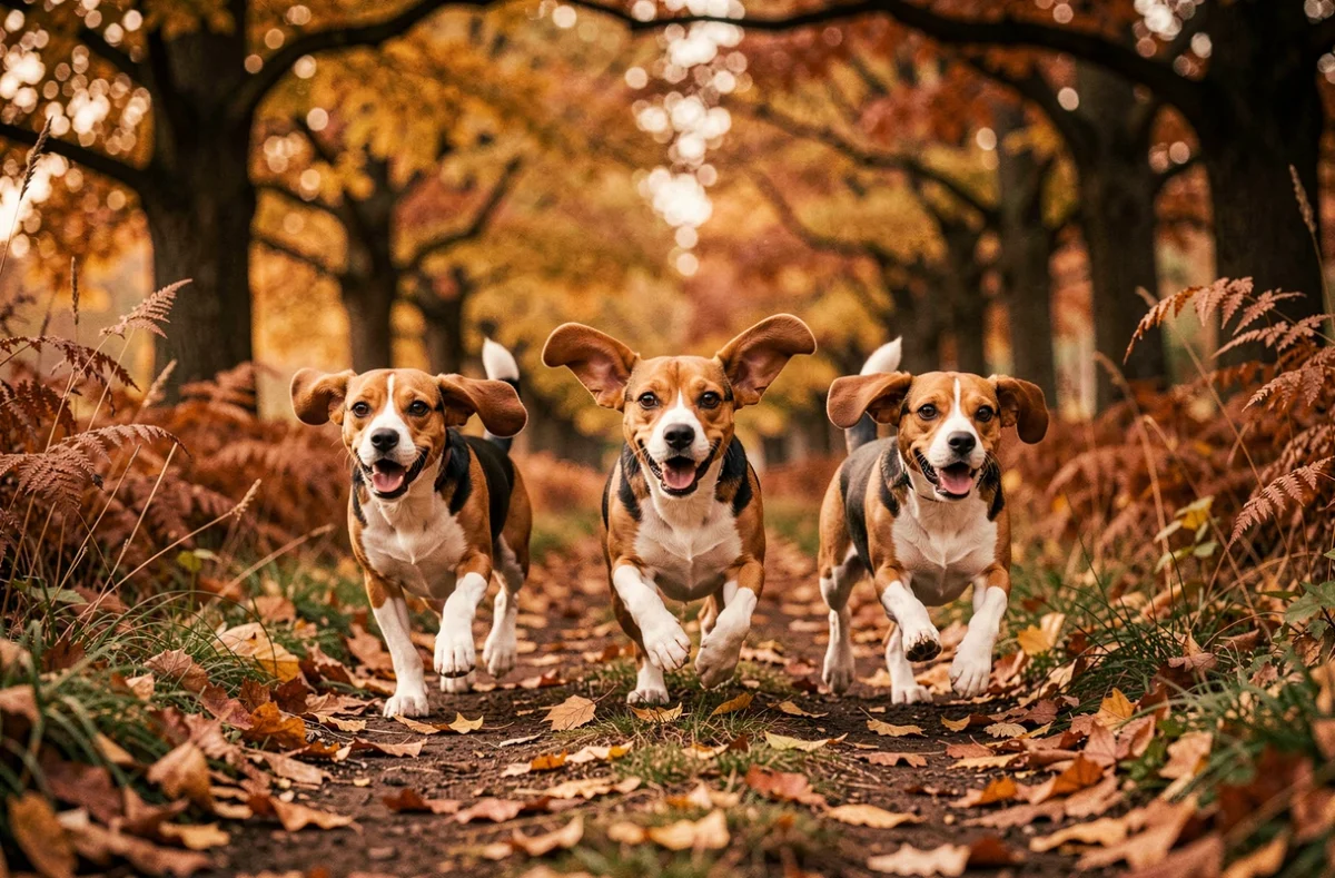 Trois Beagles courant avec enthousiasme sur un sentier forestier en automne, illustrant un élevage axé sur l'épanouissement