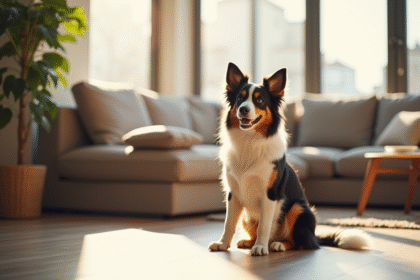 Australian Shepherd tricolore assis dans un salon lumineux