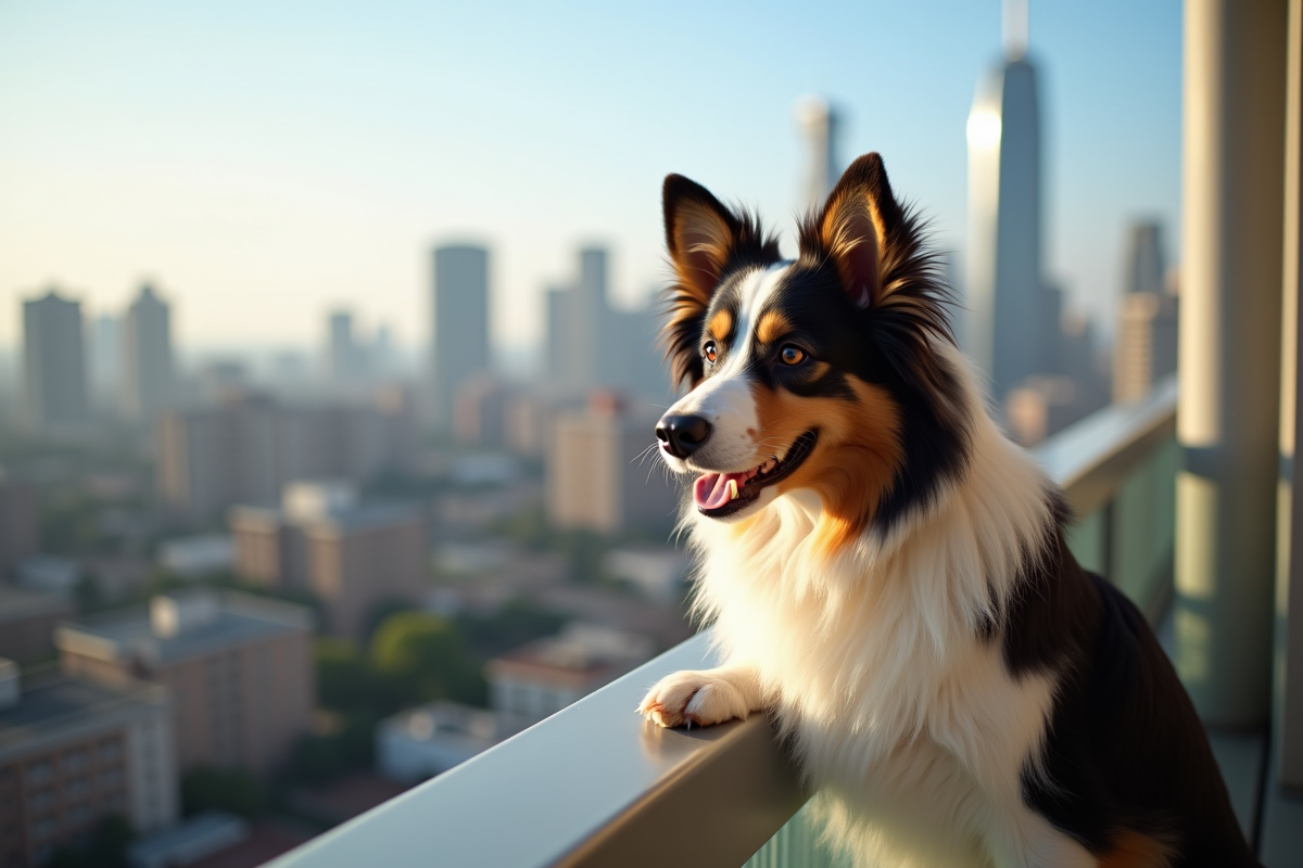 Australian Shepherd regardant depuis un balcon urbain
