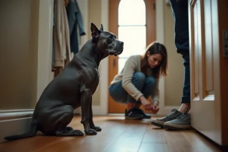Staffordshire Bull Terrier bleu assis près d'une porte d'entrée