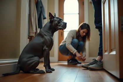 Staffordshire Bull Terrier bleu assis près d'une porte d'entrée
