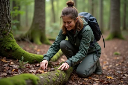 Biologiste en forêt montrant des déjections de martre