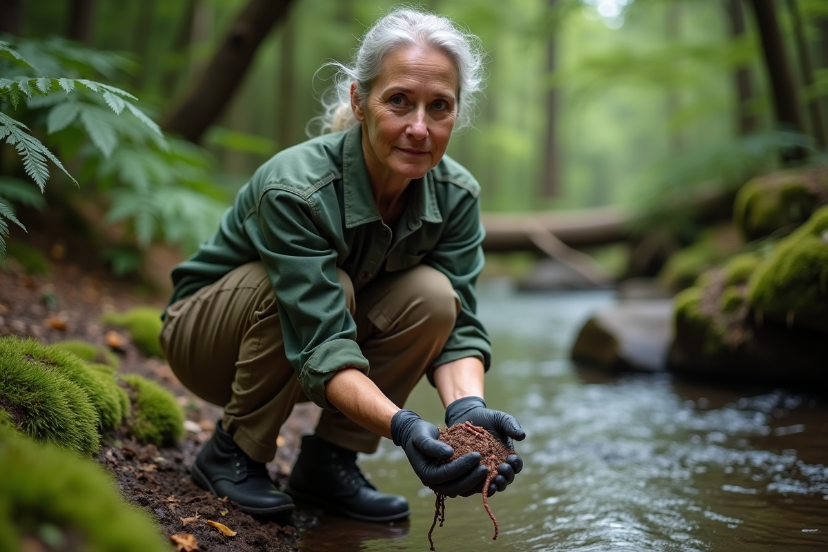 Biologiste tenant un ver de terre dans la nature