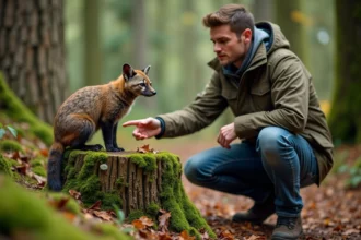 Biologiste en forêt avec pichets de putois et grison