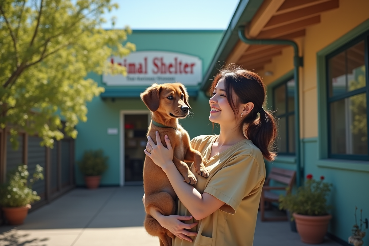 Bénévole tenant un chien sauvé devant l