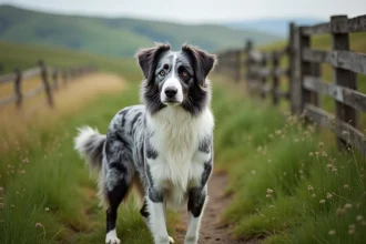 Border Collie Bleu Merle en plein air avec des yeux vairons et un pelage marbré gris et noir sur fond de collines verdoyantes