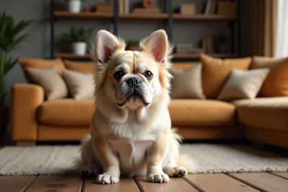 Bouledogue français à poils longs avec fourrure soyeuse crème et fauve assis dans un salon familial chaleureux