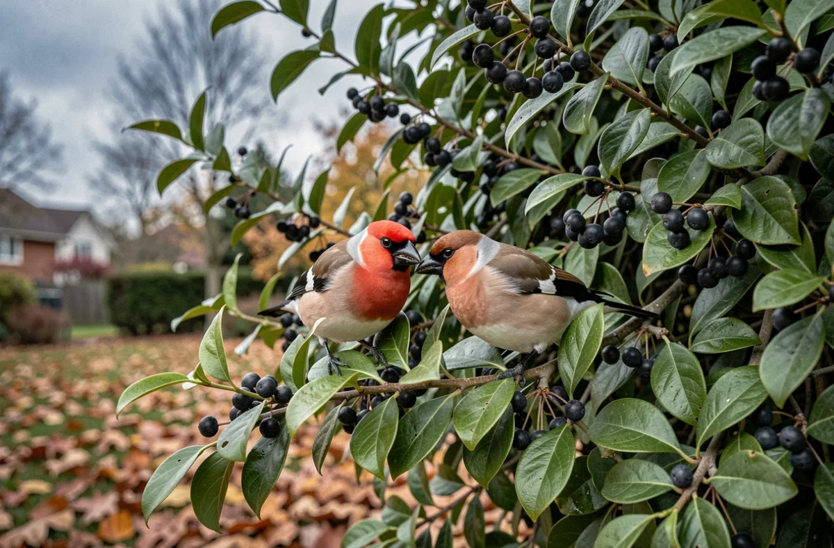 Un couple de bouvreuils pivoine dans un arbuste de troène de jardin en automne, le mâle au poitrail rose vif et la femelle au plumage brun discret, se nourrissant parmi les baies