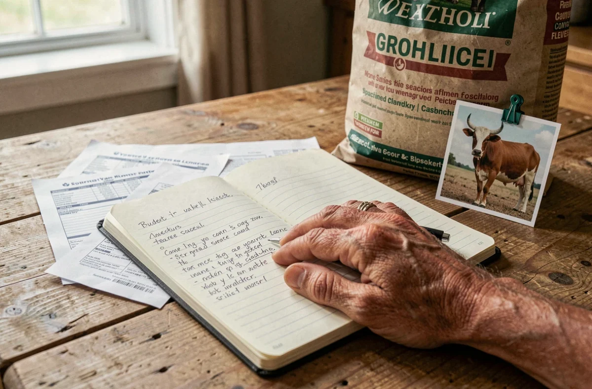 Budget détaillé et factures liés à l'achat et l'entretien d'une mini vache posés sur une table de ferme