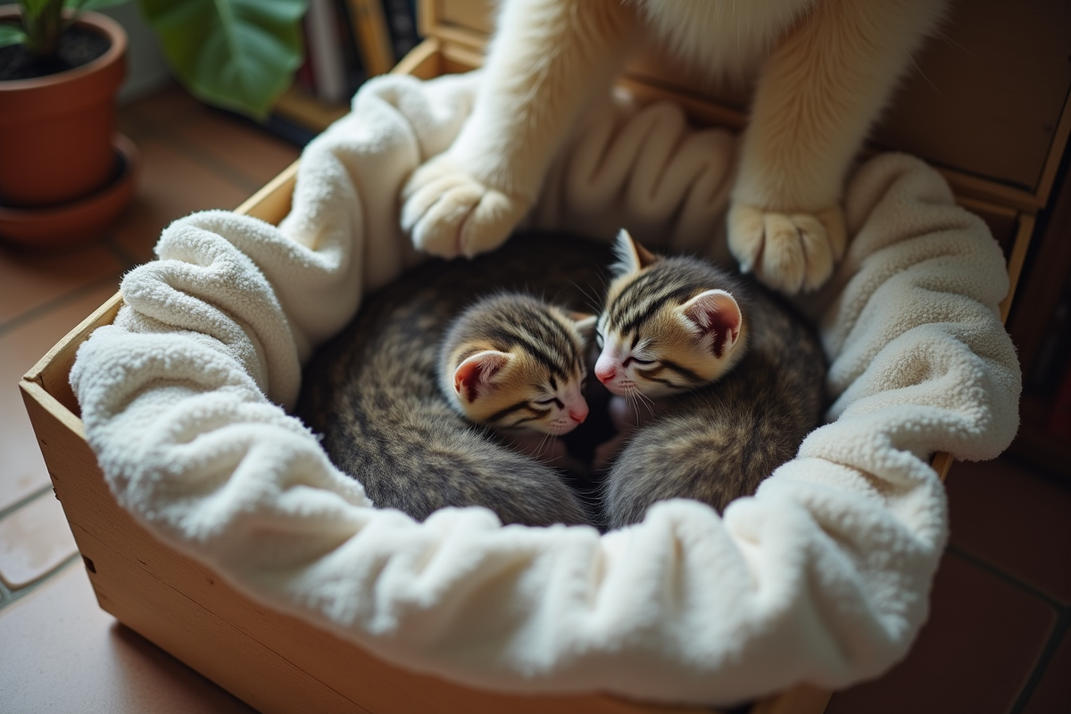 Nouveaux chatons dans une caisse en coton