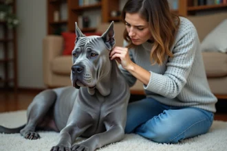 Chien Cane Corso bleu assis avec une femme attentive