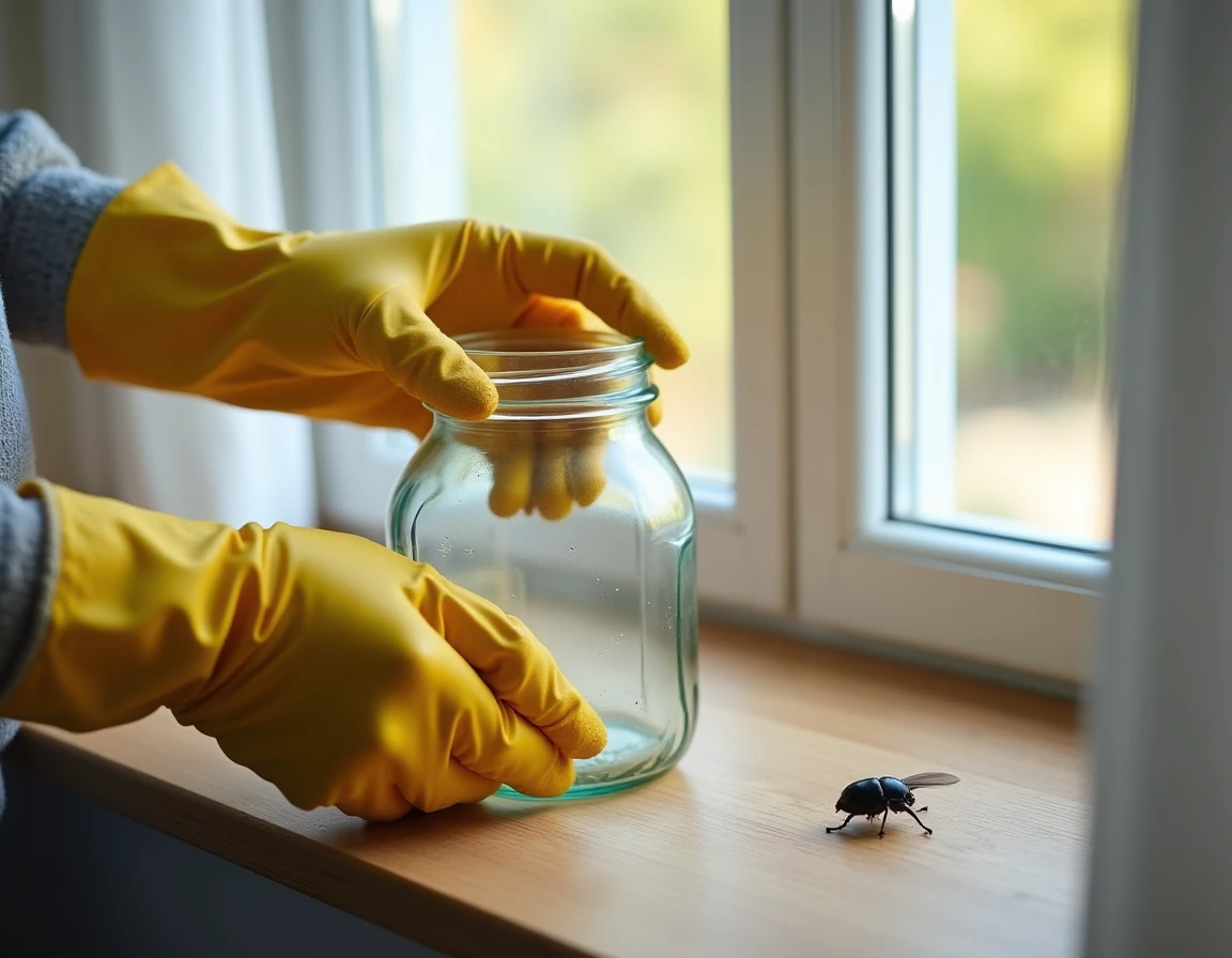 Personne capturant délicatement un gros insecte noir avec un bocal en verre pour le relâcher dehors sans le tuer