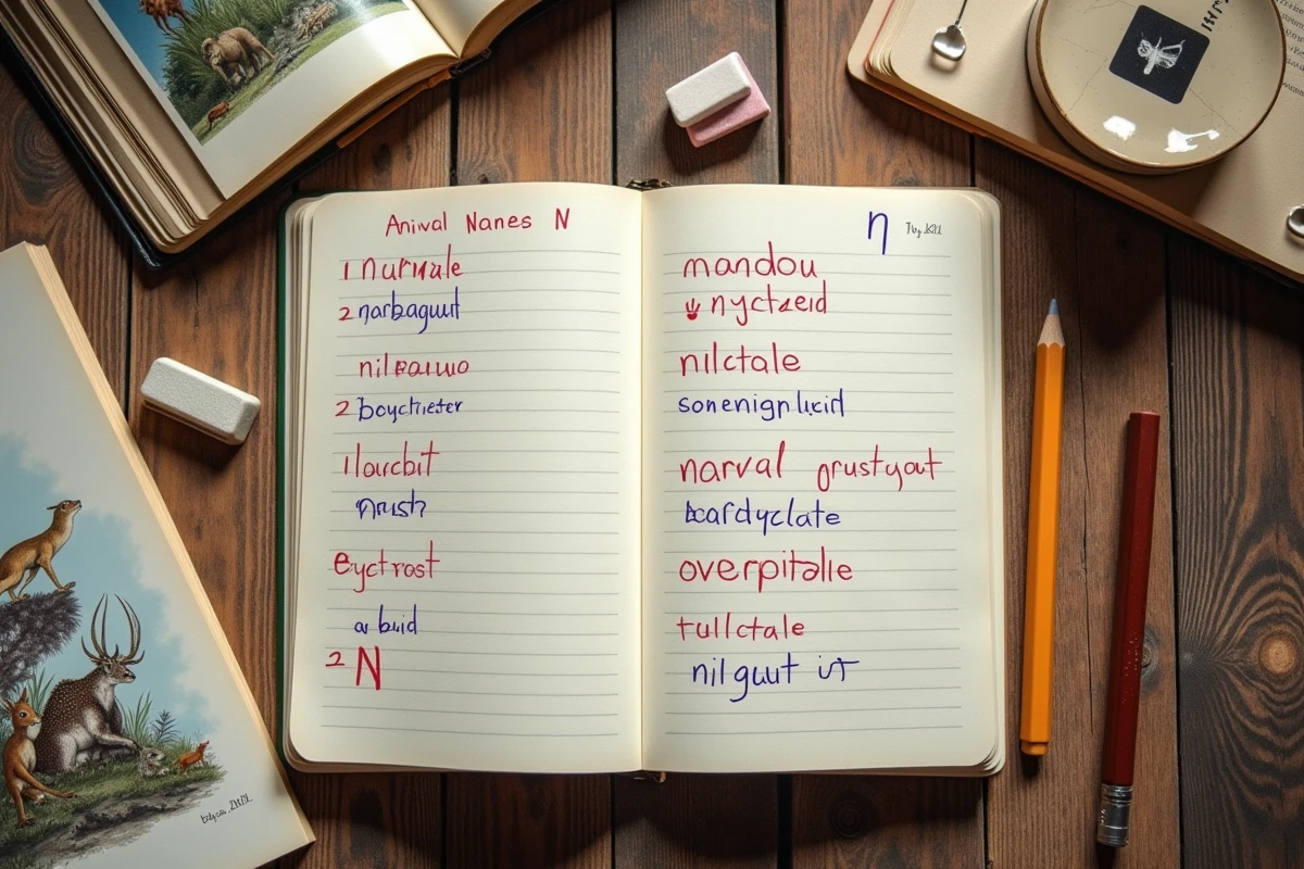 Carnet ouvert avec des listes manuscrites de noms d'animaux en N corrigés au stylo rouge, posé sur une table en bois avec un guide de la faune sauvage