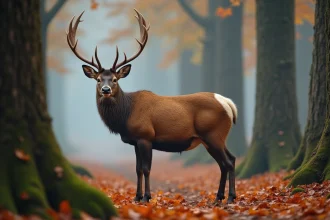 Cerf élaphe mâle adulte avec bois imposants en lisière de forêt automnale brumeuse, vue grand angle pour identification naturaliste