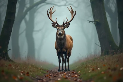 Cerf majestueux dans une clairière brumeuse au lever du jour, symbole spirituel et onirique en forêt