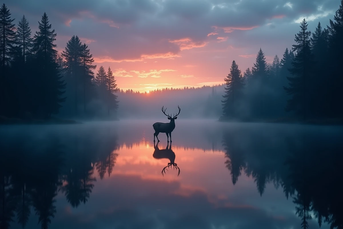 Silhouette de cerf au crépuscule au bord d'un lac forestier, symbolisme spirituel et reflet dans l'eau