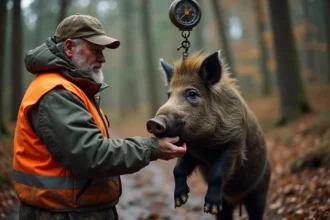 Chasseur pesant un sanglier sauvage dans la forêt