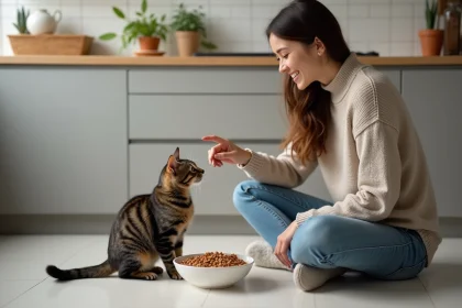 Chat de 12 mois avec sa propriétaire dans la cuisine lumineuse