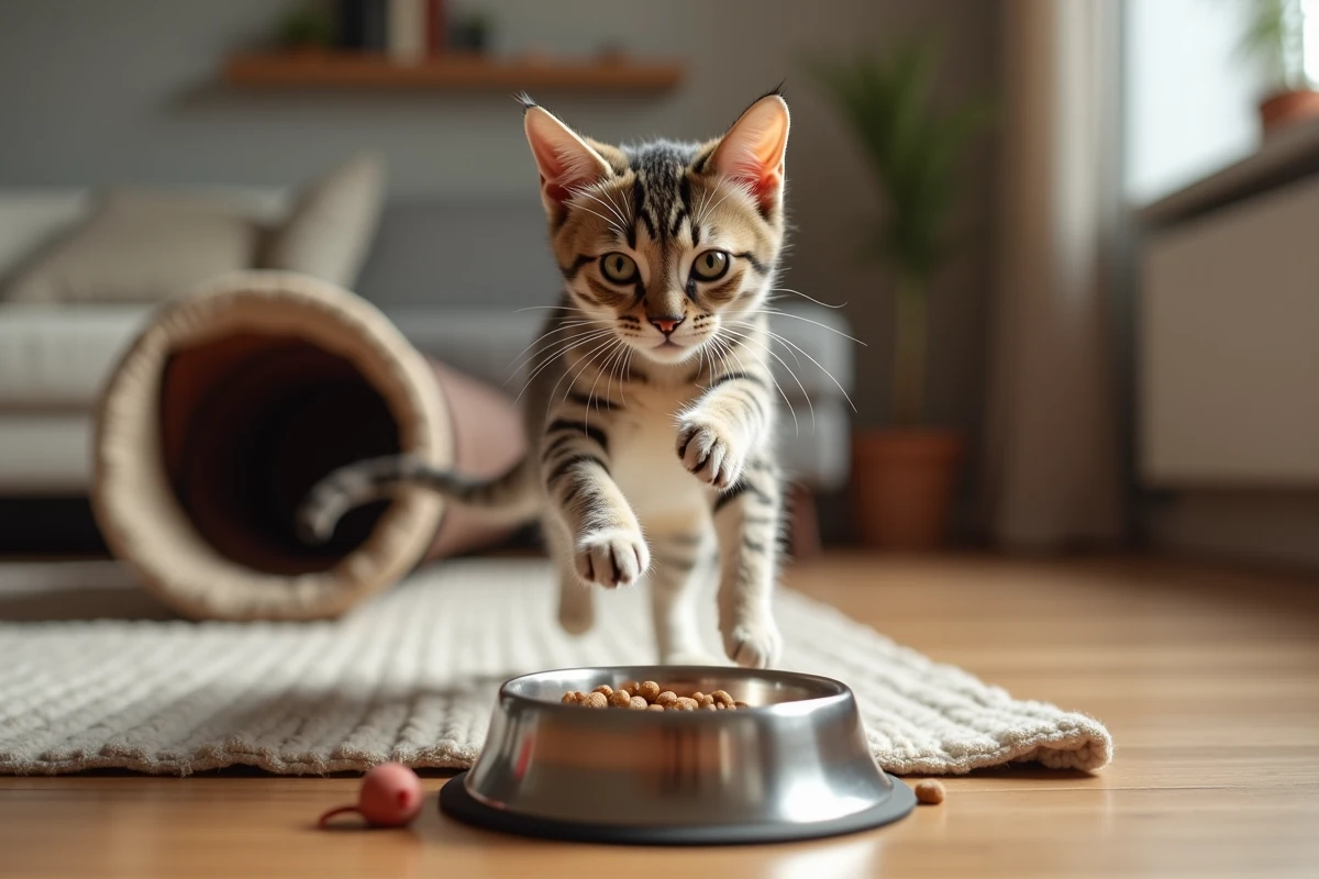 Chat actif sautant vers un jouet dans le salon