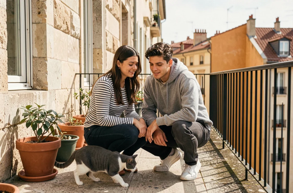 Jeune couple lyonnais accueillant leur chat nouvellement adopté sur le balcon de leur appartement avec vue sur les toits de Lyon