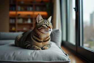 Chat tabby d'appartement assis sur un canapé en lin gris regardant par la fenêtre avec curiosité
