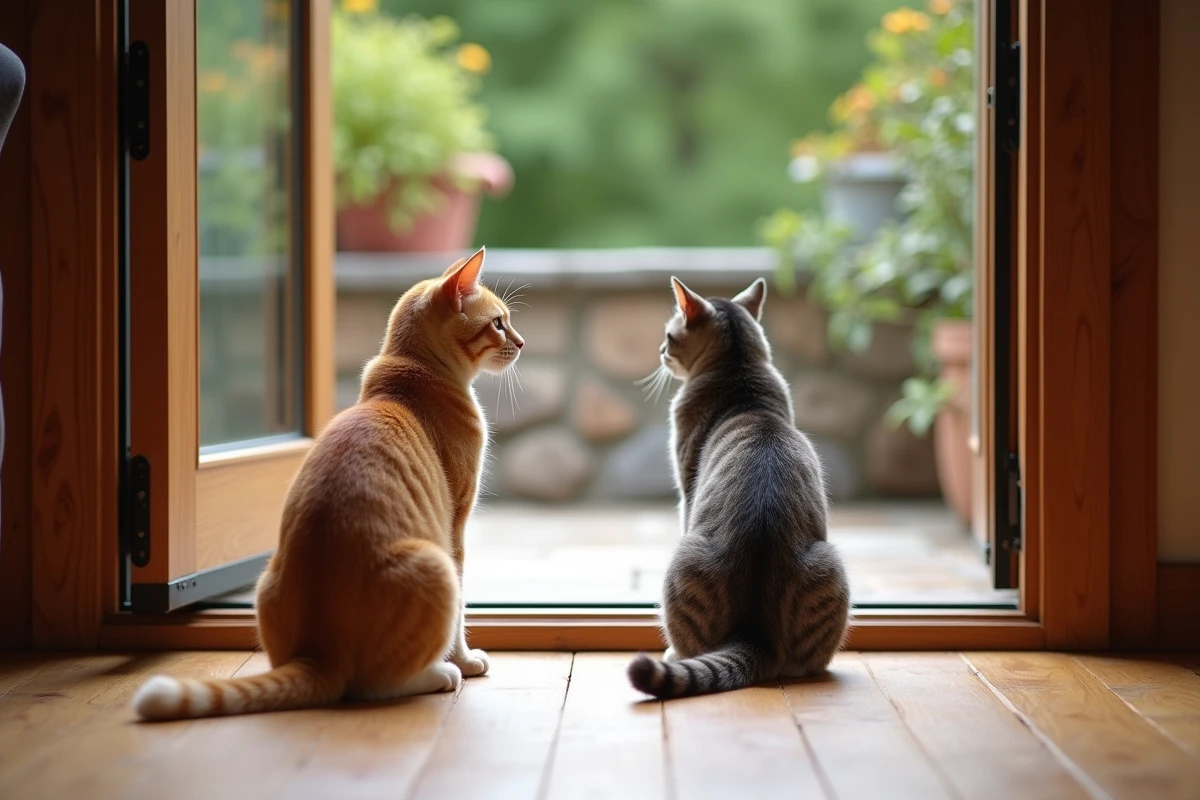 Deux chats domestiques illustrant le choix entre vie d'appartement et vie en extérieur près d'une porte-fenêtre