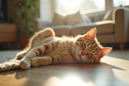 Chat diabetique relaxant dans un salon ensoleille