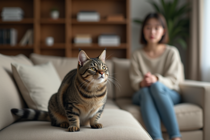 Chat domestique inquiet sur un canapé beige dans un salon