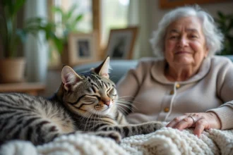 Chat gris et femme âgée sur un canapé lumineux