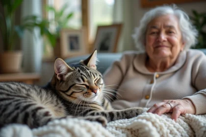 Chat gris et femme âgée sur un canapé lumineux