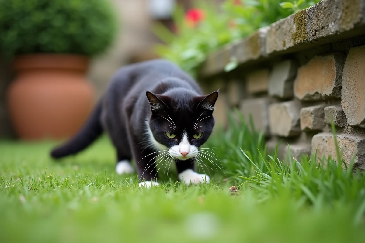 Chat noir et blanc explorant librement un jardin résidentiel en extérieur parmi l'herbe et les pierres