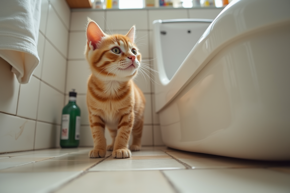 Jeune chat roux regardant la litière dans la salle de bain