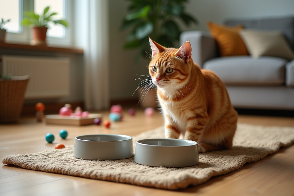 Chat roux assis près de ses bols sur un sol en bois